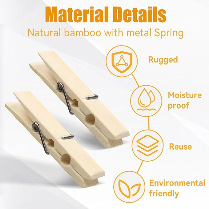 Natural Bamboo Clothespins 20-Pack Wooden Clothes Pins - Image 4