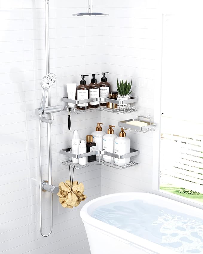 Sakugi Corner Shower Caddy, Soap Holder & Hooks - Image 3