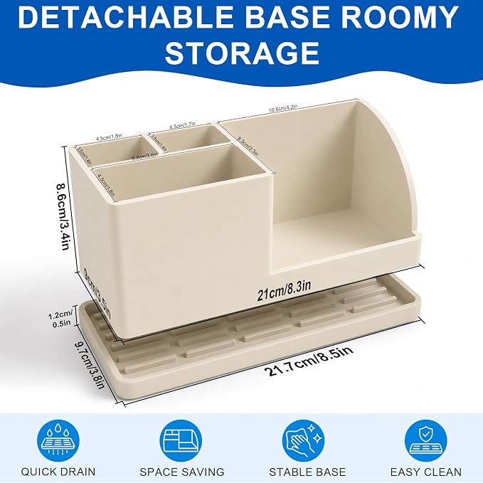 Bathroom Toothbrush Holders, 4 Slots Silicone Counter Organizer Storage Beige - Image 2