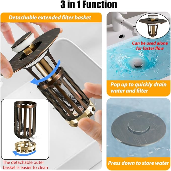 Anlige 3 in 1 Pop Up Bathroom Sink Stopper, Bathroom Sink Drain Strainer - Image 3