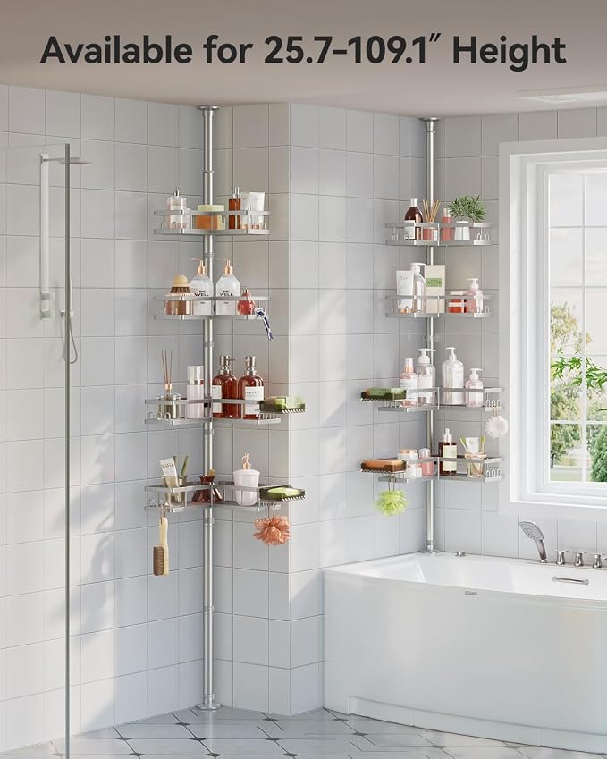 YASONIC Corner Shower Caddy Tension Pole, 25.7-109.1in Adjustable Shower Shelves - Image 2