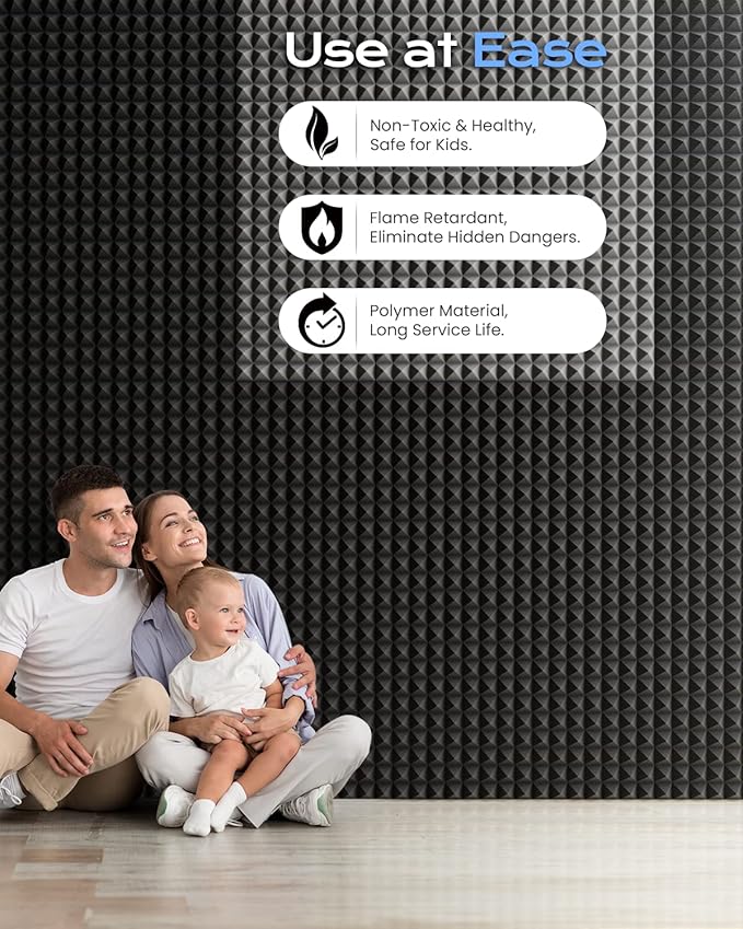 Sonicism Sound Proof Foam Panels for Walls Self-Adhesive 72 Pack Pyramid 1"X 12"X 12" Acoustic Panels 35kg/m³High Density,Soundproof Wall Panels Fast Expand,Sound Absorption and Decoration,Black
