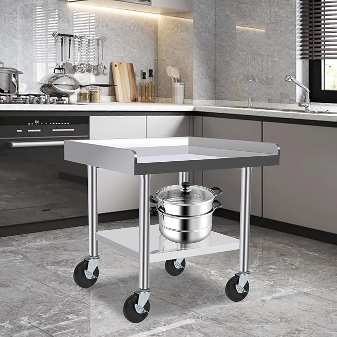 Commercial-Grade Stainless Steel Workstation Table with Under Shelf & Lockable Casters (24"x24"x24")