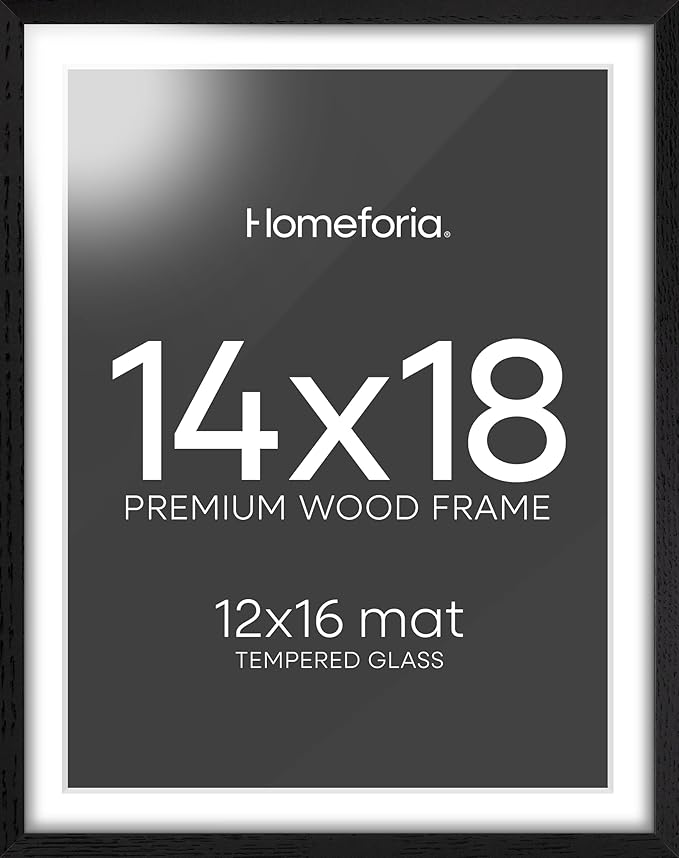 Homeforia 14x18 Picture Frame Black Wood, High End Oak 14x18 Poster Frames with Mat 12x16 Photo, 14 x 18 Wooden Frame Matted to 12 by 16 Print, 18x14 Hanging Frames, Tempered Glass, Wall Kit, Set of 1
