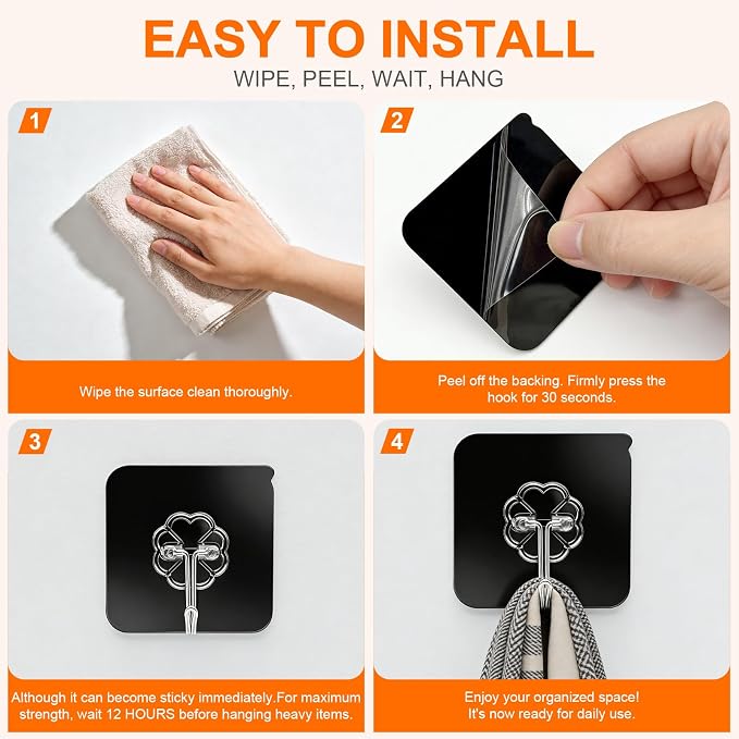DDMY Black Adhesive Wall Hook for Hanging Heavy Duty Sticky Hooks 24 Pack | - Image 6
