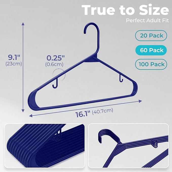 HOUSE DAY Blue Plastic Hangers 60 Pack, Slim Space-Saving Clothes Hangers | - Image 2