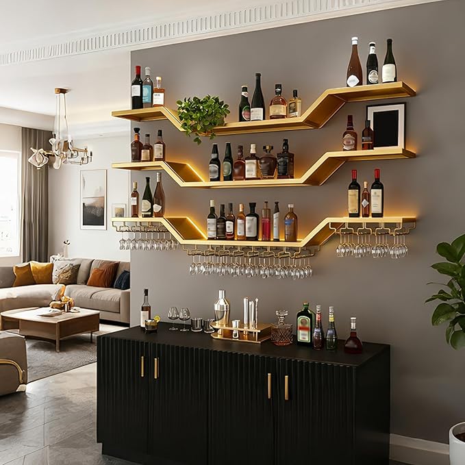 31.5in Modern LED Wine Rack Wall Mounted, 3-Tier Floating Bar Shelves with Wine Glass Rack, Large Hanging Liquor Shelf Wall Mounted, for Home Bar Dining Room Cafe Decorative (Gold, 31.5in/80cm)