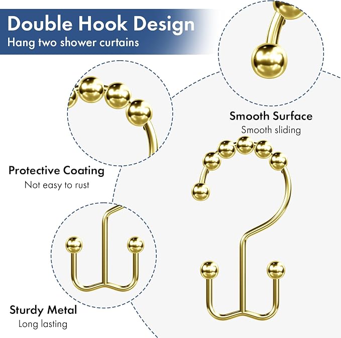Bathway Shower Curtain Hooks Gold Shower Curtain Rings, Metal Shower Hooks - Image 3
