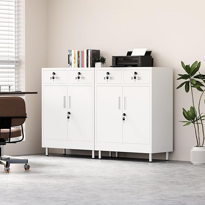 Metal Storage Cabinet with Locking Doors and 2 Drawers, Lockable Storage Cabinet with Adjustable Shelf for Home Office Garage Entryway Pantry (White)