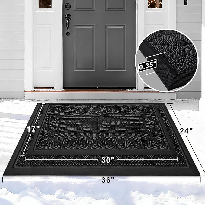 FRAMICS Front Door Mat Outside Entrance, Heavy Duty Rubber Door Mats Outdoor Welcome Mat Waterproof Doormat Non Slip for Entryway Doormats Dirt Trapper Indoor Mats All Seasons, 17 x 30 Inches, Black
