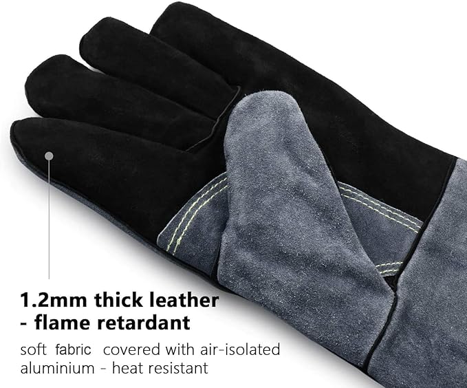 OZERO 932℉ Grill BBQ Gloves 16-inch Heat Resistant Leather Forge Welding Glove with Flame Retardant Long Sleeve and Insulated Lining for Men and Women Black-gray