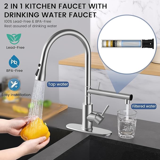 FEELSO Filter Water Kitchen Faucets, Pull Down Sprayer, Brushed Nickel | - Image 2