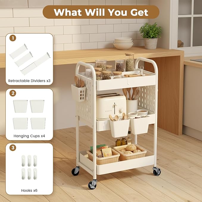 danpinera 3 Tier Rolling Cart with Retractable Dividers, Multi-Functional White Rolling Utility Cart with Pegboards, Hooks & Hanging Cups for Nursery, Living Room, Studio