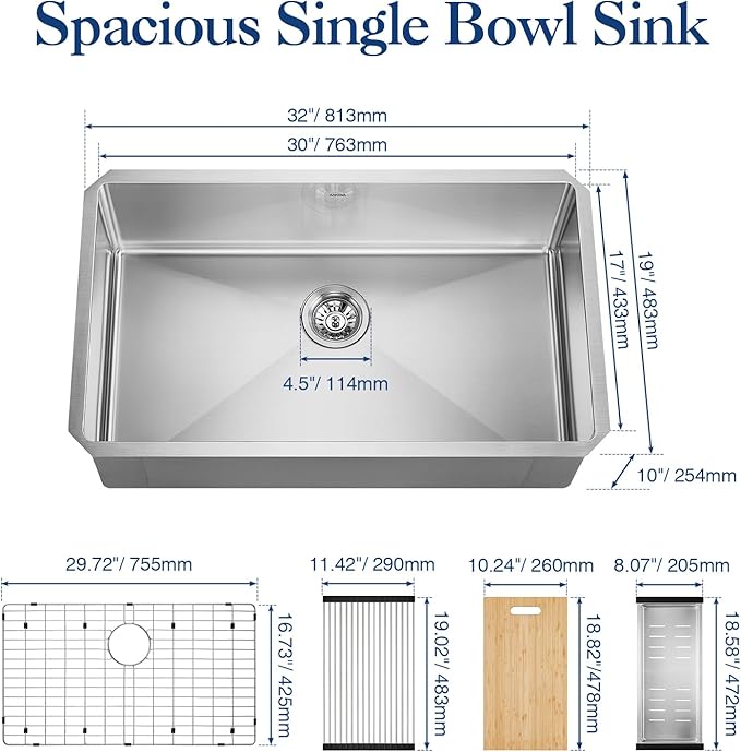 32 inch Kitchen Sink Undermount Stainless Steel Workstation 32x19x10 inch 16 Gauge Under Counter Kitchen Sinks Basin with Accessories Single Bowl Kitchen Sink