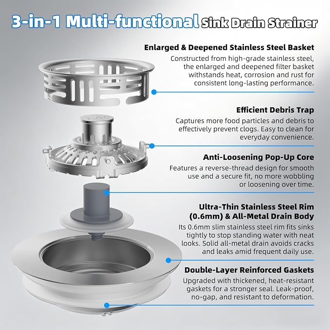 Hibbent 2 PCS Metal Kitchen Sink Drain Strainer & Stopper, Stainless Steel - Image 7