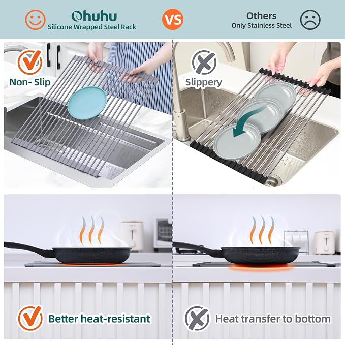 Ohuhu Over Sink Dish Drying Rack Silicone Wrapped 17.6" W x 15.4" L Large Over - Image 5