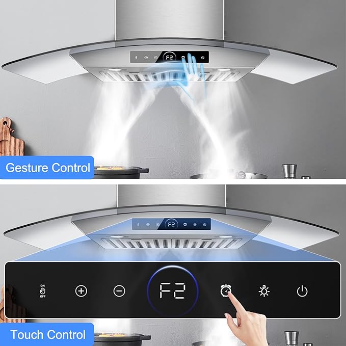 36 inch Wall Mount Range Hood, 1200 CFM with 4-Speed Gesture Sensing & Touch Control, Stainless Steel Ducted Kitchen Stove Vent Hoods with 2 LED Lights, Time Setting, Dishwasher-Safe Baffle Filters