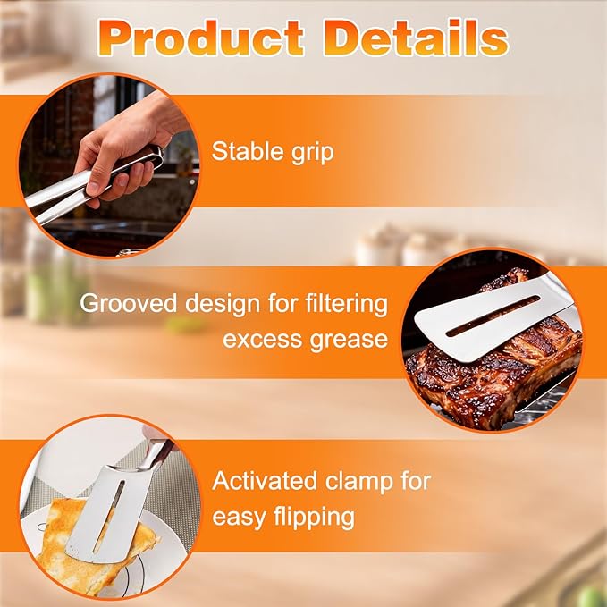 2PCS Stainless Steel Grill Clamp, Anti-Scald Extended Handle Spatula Tong, Steel Double-Sided Shovel Clip For Grilling Meat, Fish And Pancakes (A)
