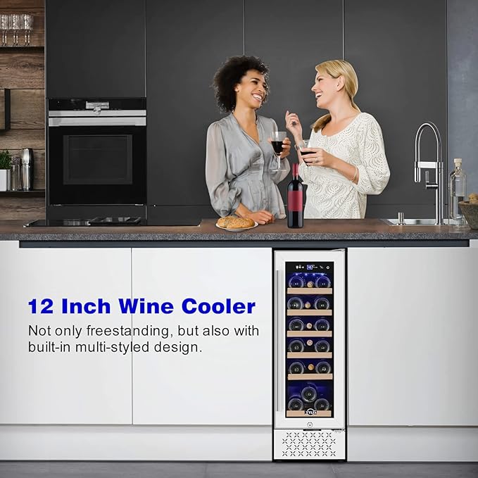Tylza 12" Wine Cooler Refrigerator, 18 Bottles Wine Fridge Built-in or Freestanding with Stainless Steel & Double-Layer Tempered Glass Door, Compressor Fast Cooling, Low Noise and No Fog, Mini Fridge