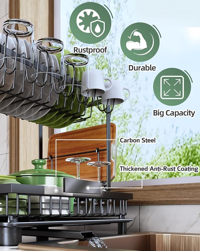 2-Tier Dish Drying Rack for Kitchen Counter, Space-Saving, Auto Drain Spout - Image 4