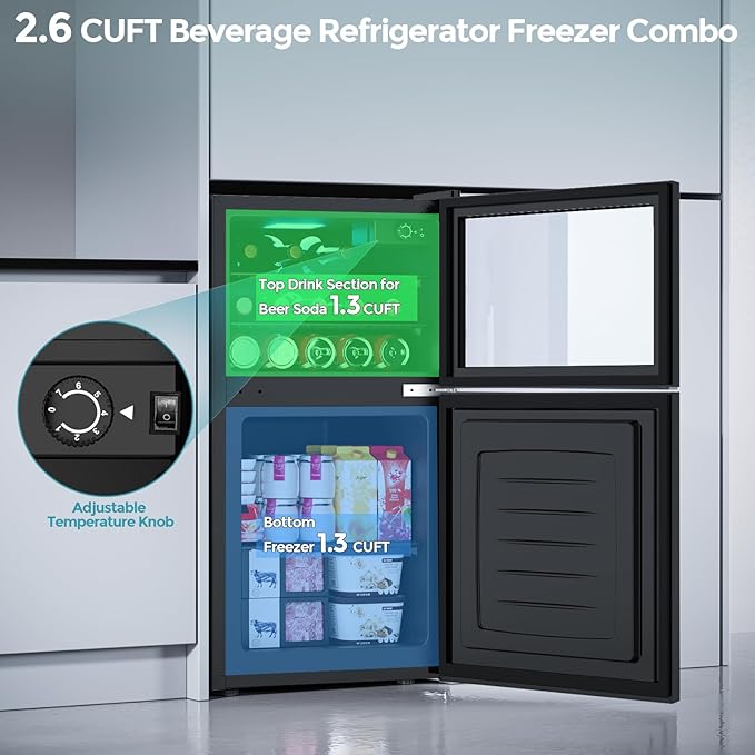 2.6 Cu.Ft Mini Fridge with Freezer, Compact Refrigerator with Upper Glass Door, Reversible Door & Adjustable Thermostat for Bedroom, Dorm, Office