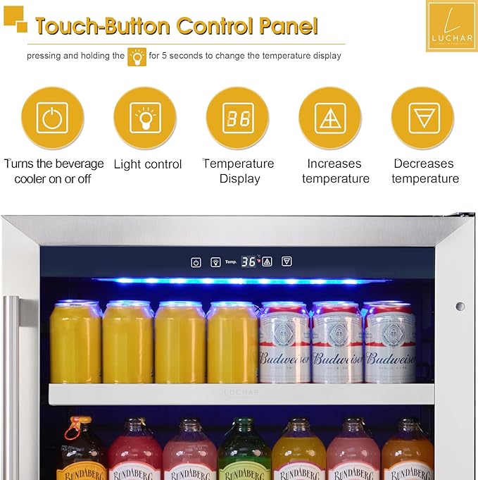24 Inch Beverage Refrigerator Cooler, Beverage Fridge with Stainless Steel Door for 164 Cans, Built-in Counter or Freestanding 3-Color LED Light Beer and Drink Fridge for Bar Home Office