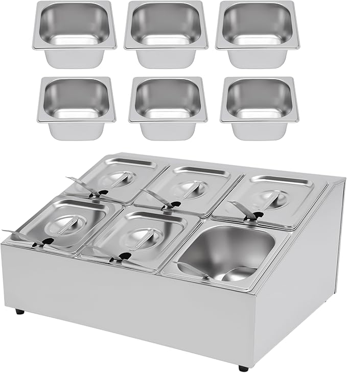 Pizza Topping Station Organizer Condiment Container Dispenser with 6 1/6 Pans& Lids, Stainless Steel Seasoning Food Containers Spice Rack Shelf Holder for Ingredients Sauce Salad Jam Fruits