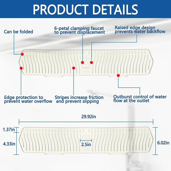 Kitchen Sink Splash Guard Gen2-30" x 6'' Silicone Sink Mat Splash Guard fit - Image 2