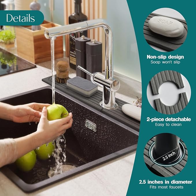 Diatomite Kitchen Faucet Mat - 14Inch Water Absorbing Stone Tray for Sink, Stone Fast-Drying Faucet Mat for Kitchen Counter Sink Accessories (Dark Grey, 14'' x 3.9'')