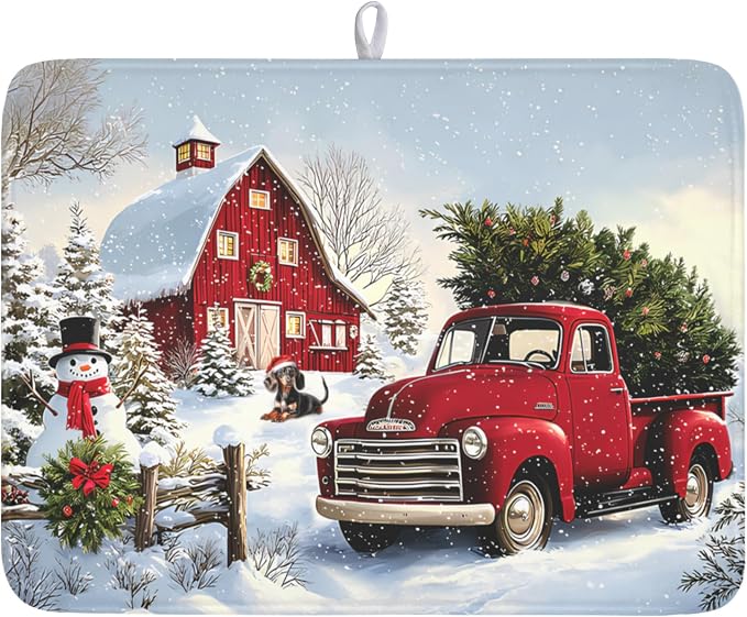 Giwawa Red Truck Dish Drying Mat Winter Xmas Tree Drainer Rack Pad 18"x24" by Giwawa