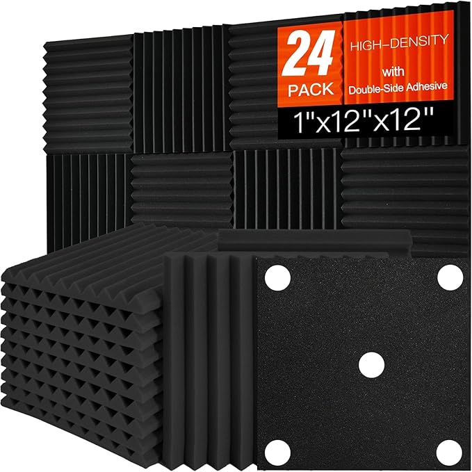 24 Pack Acoustic Foam Panels 1" x 12" x 12" Sound Proof Foam Panles Saiqiang Soundproofing Noise Absorbing Wedge Black Panels for Wall Studio Foams with Double-Side Adhesive