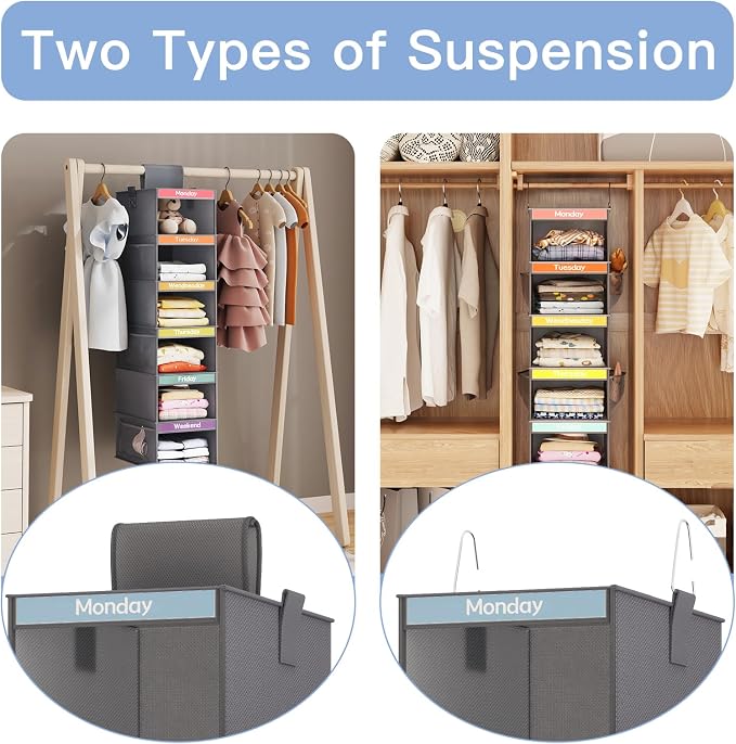 Fixwal Weekly Kids Clothes Organizer 2 Pack 6-Shelf Hanging Storage | Nonwoven - Image 4