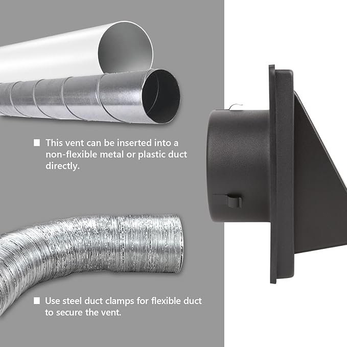 4 Inch Black Dryer Vent Cover Outside Stainless Steel Wall Vent with Removable Cover and Insect Screen Mesh RAL9011