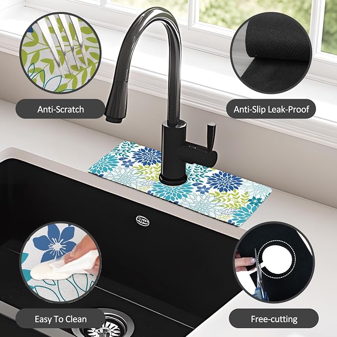 15" X 5.5" Kitchen Sink Splash Guard Faucet Mat Floral Super Absorbent Fast - Image 6