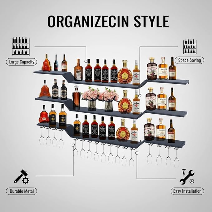 70.9" Wall Mounted LED Wine Rack, 3-Tier Floating Bar Shelves, Large Liquor Shelf with Wine Glass Rack, Large Bar Rack Wall Mounted for Liquor Bottles, Home Bar, Dining Room or Cafe, Black