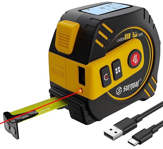 2-in-1 Laser Tape Measure USB-C Recharge 262Ft Laser & 16Ft Tape Red-Beam by SGSURGOAL