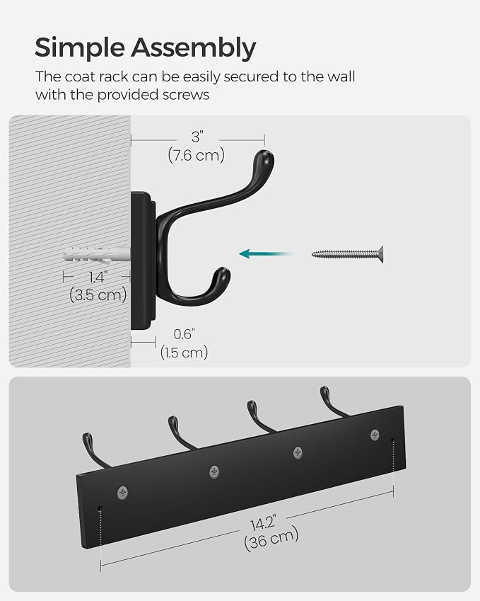 SONGMICS Wall-Mounted Coat Rack, Hook Rack, 4 Dual Metal Hooks, in the Entryway - Image 7