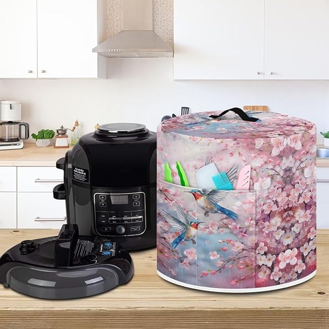 TODIYADDU Birds Cherry Blossoms Dust Cover for Electric Pressure Cooker Waterproof Air Fryer Cover Dust Cover with Storage Pocket and Handle Portable Instant Pot 6 Quart Pressure Cooker Cover Gifts
