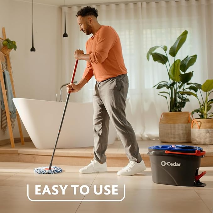 O-Cedar RinseClean Spin Mop & Bucket System + 2 Extra Mop Heads| Clean with Water | Removes 99% of Bacteria Plastic