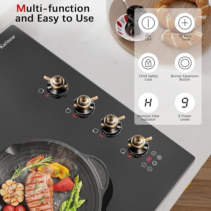 Karinear Electric Cooktop 30 Inch, 4 Burners Electric Stove Top, Built-in Radiant Cooktop with Expandable Burner, Knob Control, Safety Lock, Timer, 6700W 220~240V Hard Wired(No Plug)