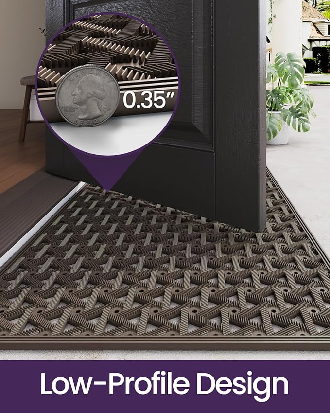 DEXI Front Door Mat Outside Entrance Rubber 19x30, Welcome Floor Doormat Heavy Duty Non Slip, Dirt Trapper Waterproof Exterior Entry Mats All Weather for Patio Entryway Drainage, Brown