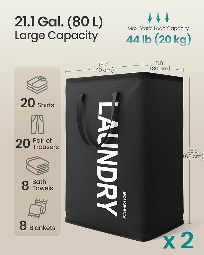 SONGMICS Laundry Hamper, 80L Foldable Basket, 2 Pack, Water-Repellent - Image 3