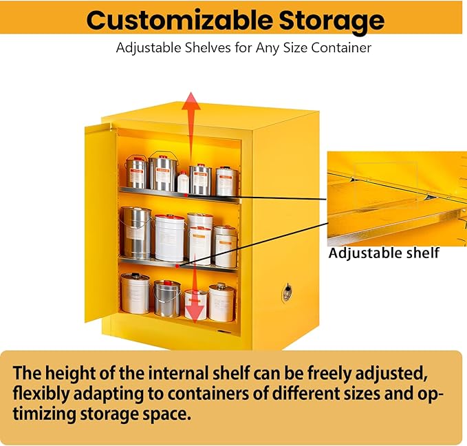 26" H × 21" W ×21" D Hazardous Material Flammable Storage Cabinets, Adjustable Shelf Steel and Ground Cable Storage Cabinet, for Explosion Proof Chemical Cabinet Yellow