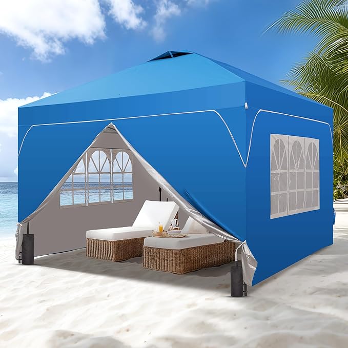 Saemoza 12x12 Pop Up Canopy Tent with One Push Setup, Outdoor Sun Shade Canopy with Vent Top for Backyard Party, Easy Up Instant Shelter with 4-Sandbags & Wheel Bag, Blue.