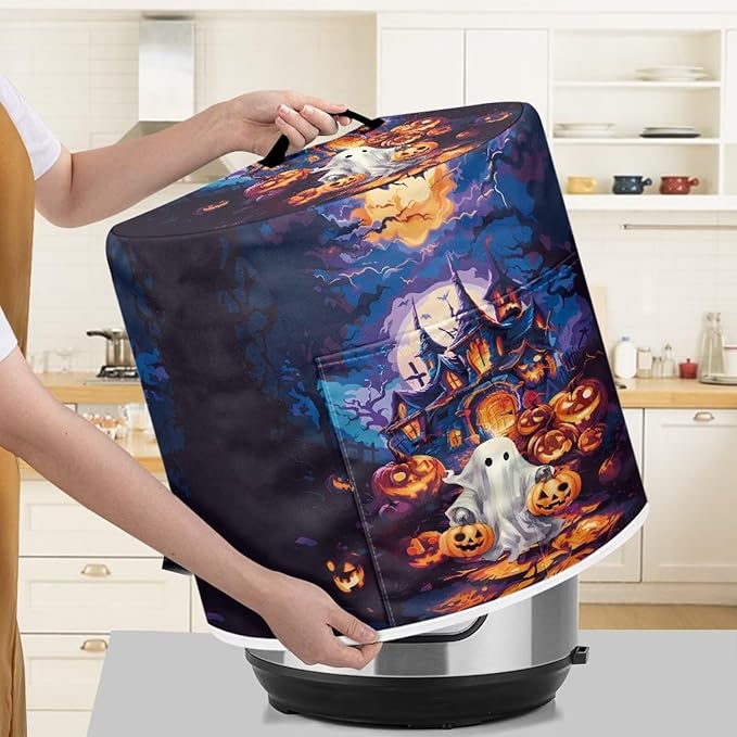 Halloween Theme Kitchen Appliance Decor 8 Quart Pressure Cooker/Air Fryer/Rick Cooker Dust Cover with Top Handle and Storage Pocket Halloween Castle Ghost Print