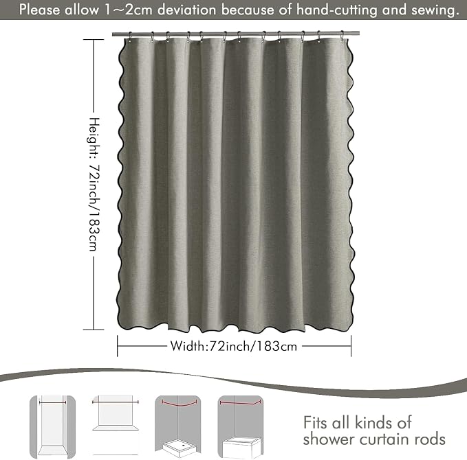 MIULEE Grey Scalloped Linen Shower Curtain 72x72 Inches - Image 6