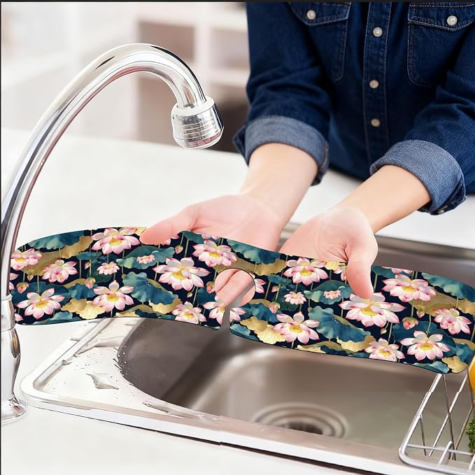 2 Pcs Watercolor Flowers Kitchen Sink Splash Guard Faucet Mat Green Plants - Image 6