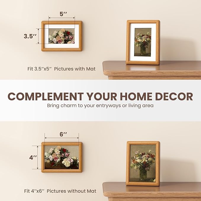 Axeman 4x6 Picture Frame Set of 3 - Solid Teak Wood Frame With Mat for 3x5 - Rounded Corner 4 x 6 Picture Frame with Tempered Glass for Tabletop Display
