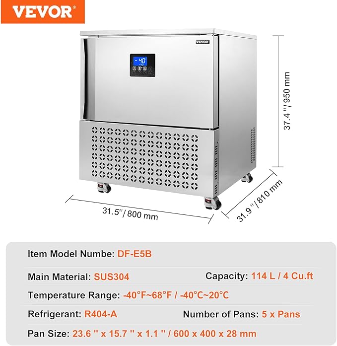 VEVOR 114 L Blast Chiller, 5 Trays Commercial Flash Freezers, <-31~68°F> 4 Modes Chest Shock Frozen, 304 Stainless Steel Flash Freezer, 360° Defrost Blast Chiller with Caster for Seafood, Ice Cream