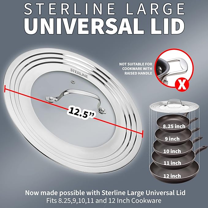 Universal Lids Set with Tempered Glass Top - Fits 5-12 Inch Pots, Pan, and Skillets - Set of 2, Large and Small, Stainless Steel Replacement Pot Lid for Kitchen Organizing, Space Saving